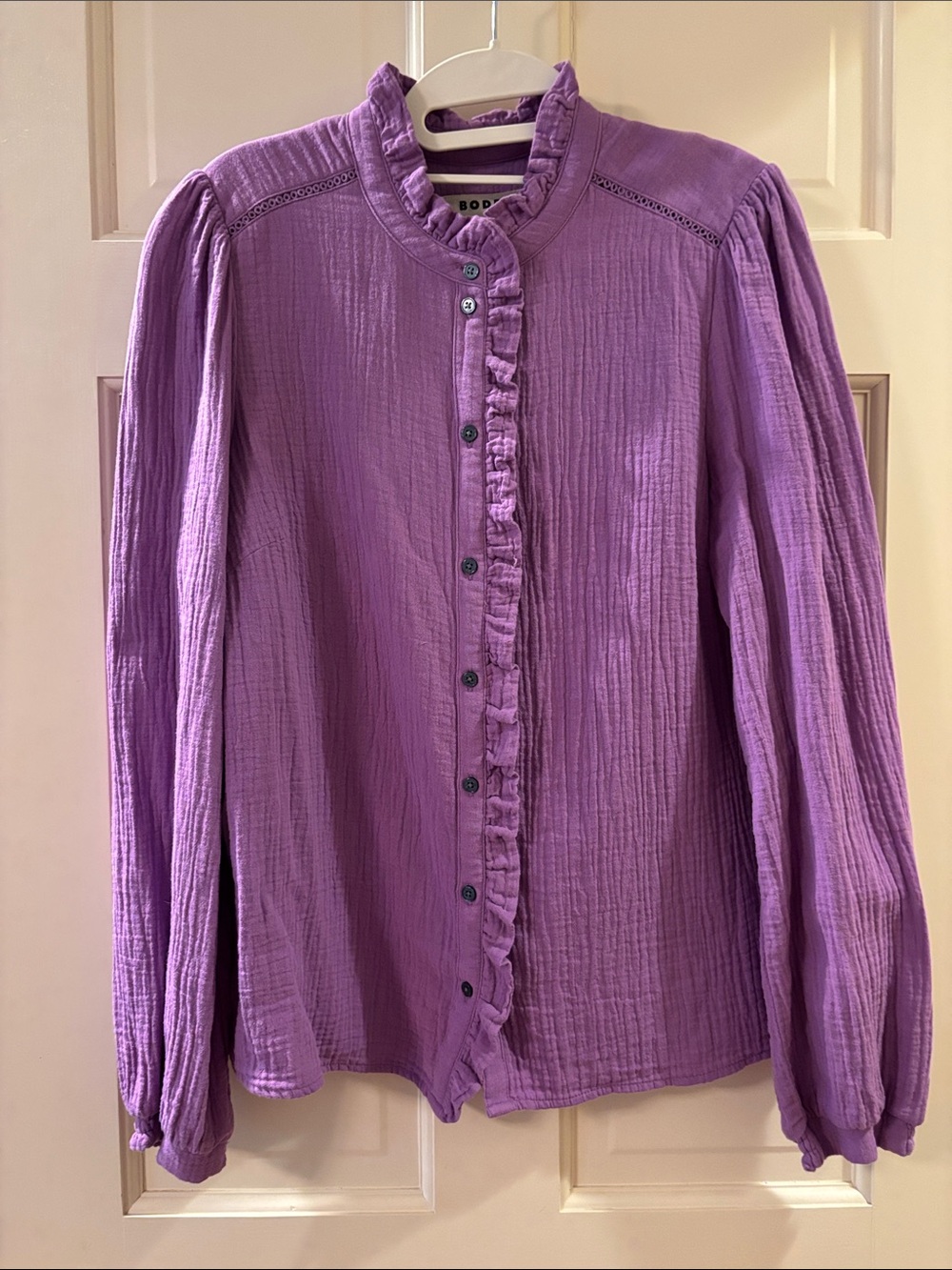 Boden Lavender Ruffle-Front Gauze Button-Down Blouse-Size US 8